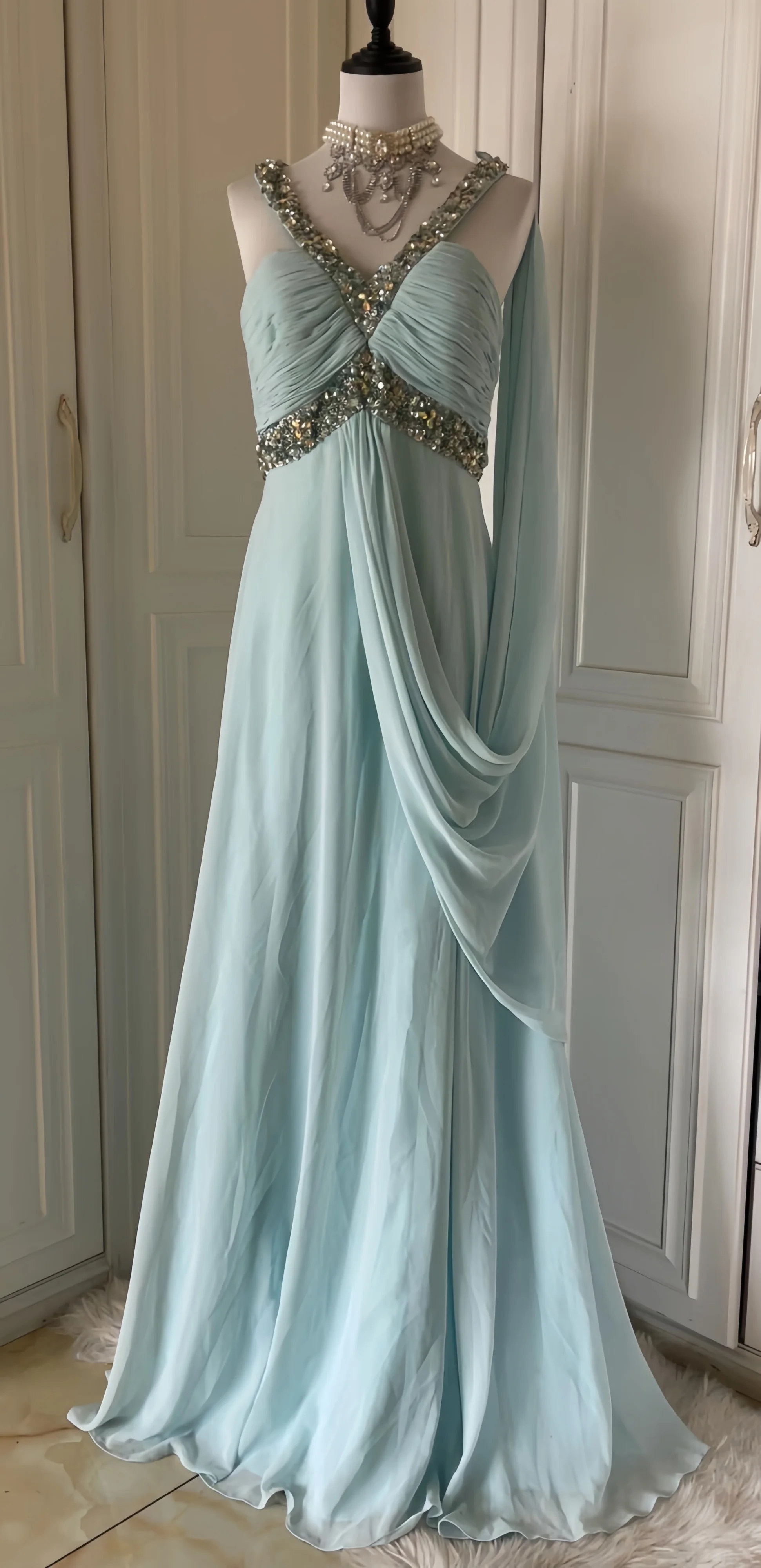 

Blue Evening Dresses With Shawl V Neck Ribbon Long A-Line Diamond Wedding Party Banquet Woman Mother Prom Bridesmaid Dress New