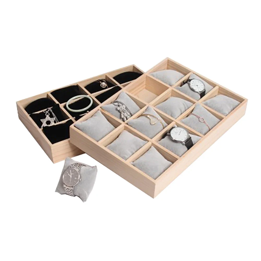 

Solid Wood Watch Bracelet Jewelry Storage Display Tray 12 Grid Chain Pillow Holder Beads Necklace Organizer Showcase Cushion Box