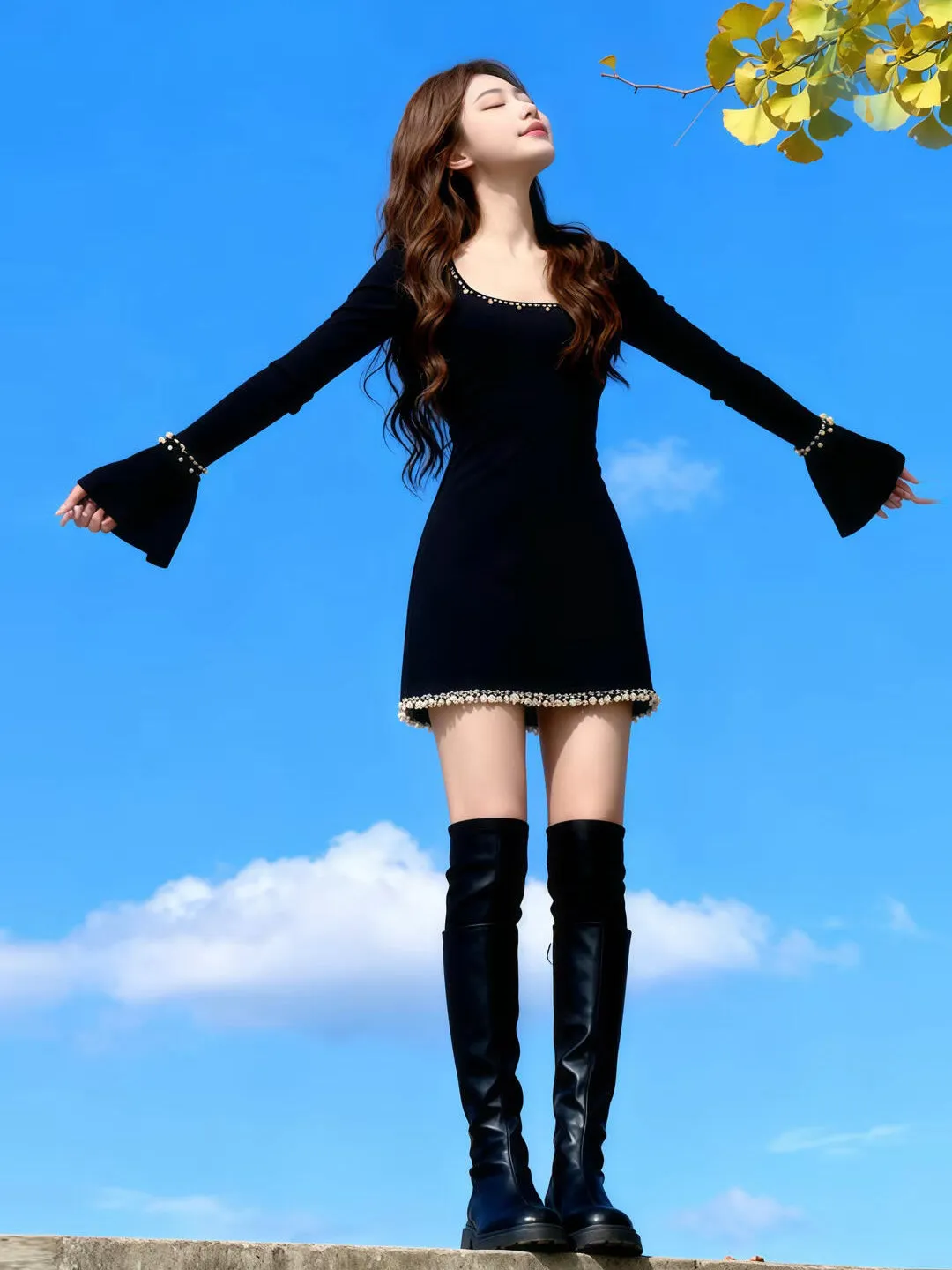 

Retro Hepburn Sle Bla Ele Long Sve Dr Beautifully Waist-Cinched Base Layer Spring 2026 Faion Ladies Dr