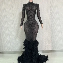 Black Luxury Rhinestones Grand Feather Sexy Sheath Dress Evening Party Performance Costume Bar Nightclub Singer Dancer Stage Wea