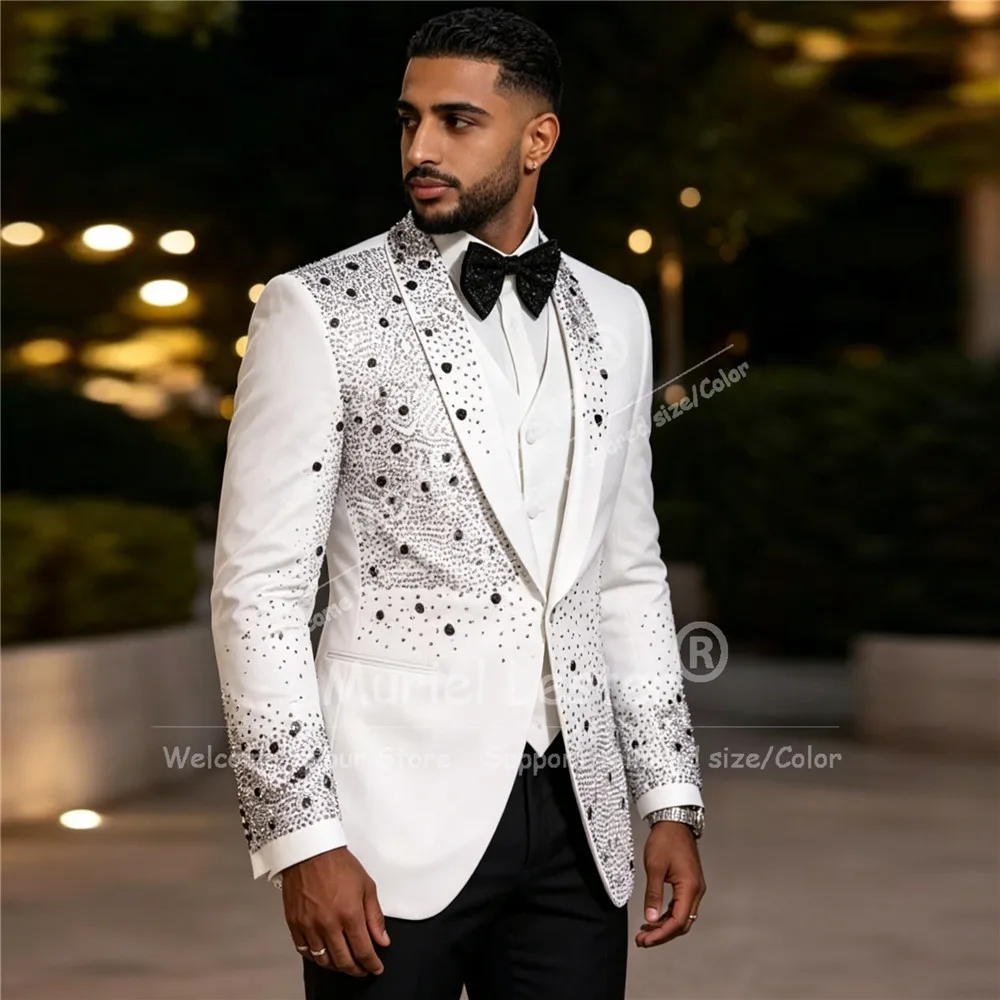 

Brilliant Diamond Beading Suit Men 3 Piece Sets Single Breasted Man Prom Blazer Customized Groom Wedding Tuxedo Terno Masculinos