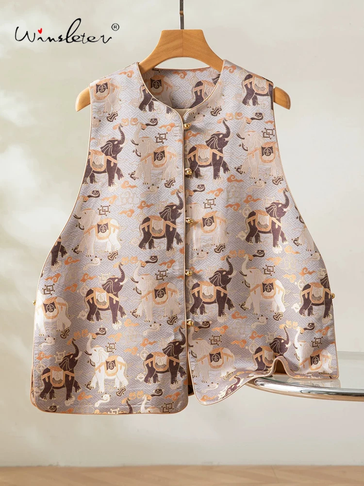 

Жилет из 100% натурального шелка Winsleter, элегантный, с круглым вырезом, с мультяшным принтом, женский повседневный жилет А-силуэта, новинка весны 2026, C61832CC