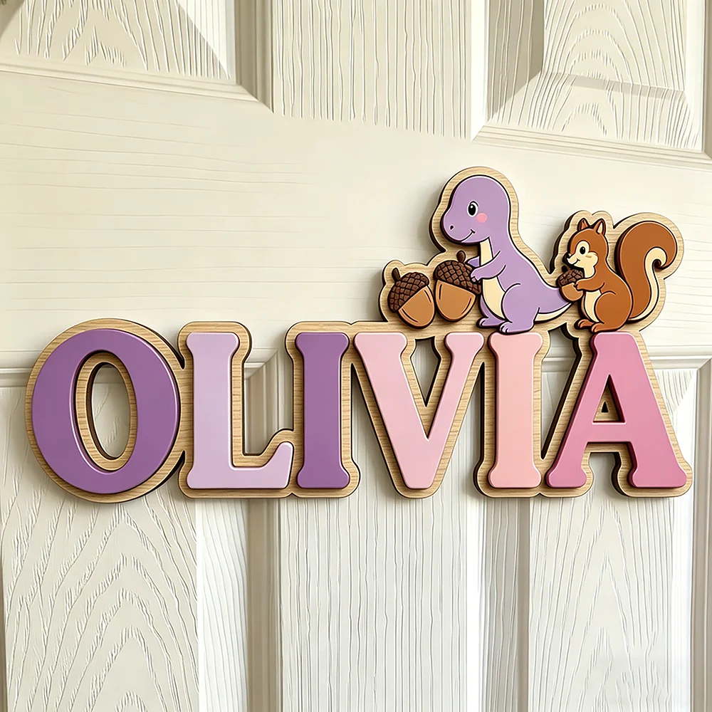 Woodland Dinosaur & Squirrel Custom Name Plaque, 3D Wooden Kids Door Sign, Personalized Nursery Wall Art, Cute Baby Gift