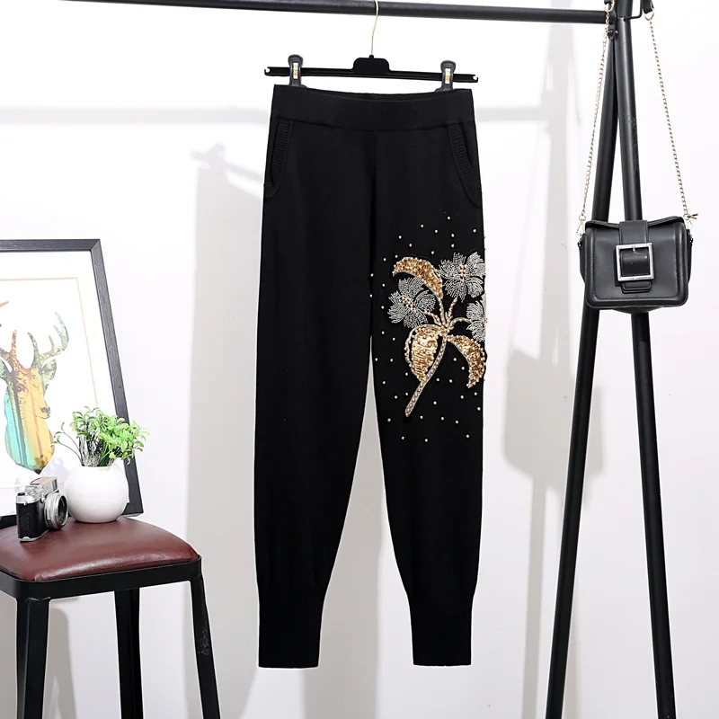 Manual Beaded Sequin Flowers Women Knitted Tracksuit Set Loose Black Pullover Sweater Long Pants Knit Two Piece Outfits Female