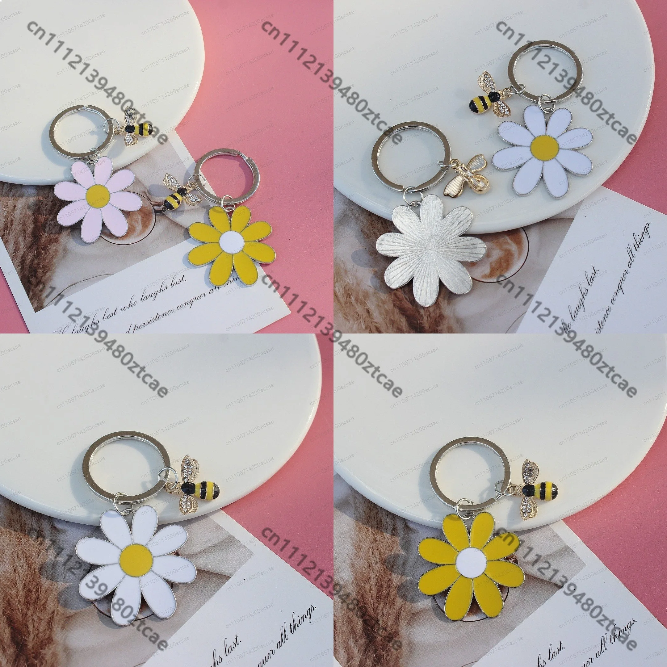 Bee & Daisy Stainless Steel Keychain Small Flower Charm for Bag Car Keys Nature Inspired Accessory