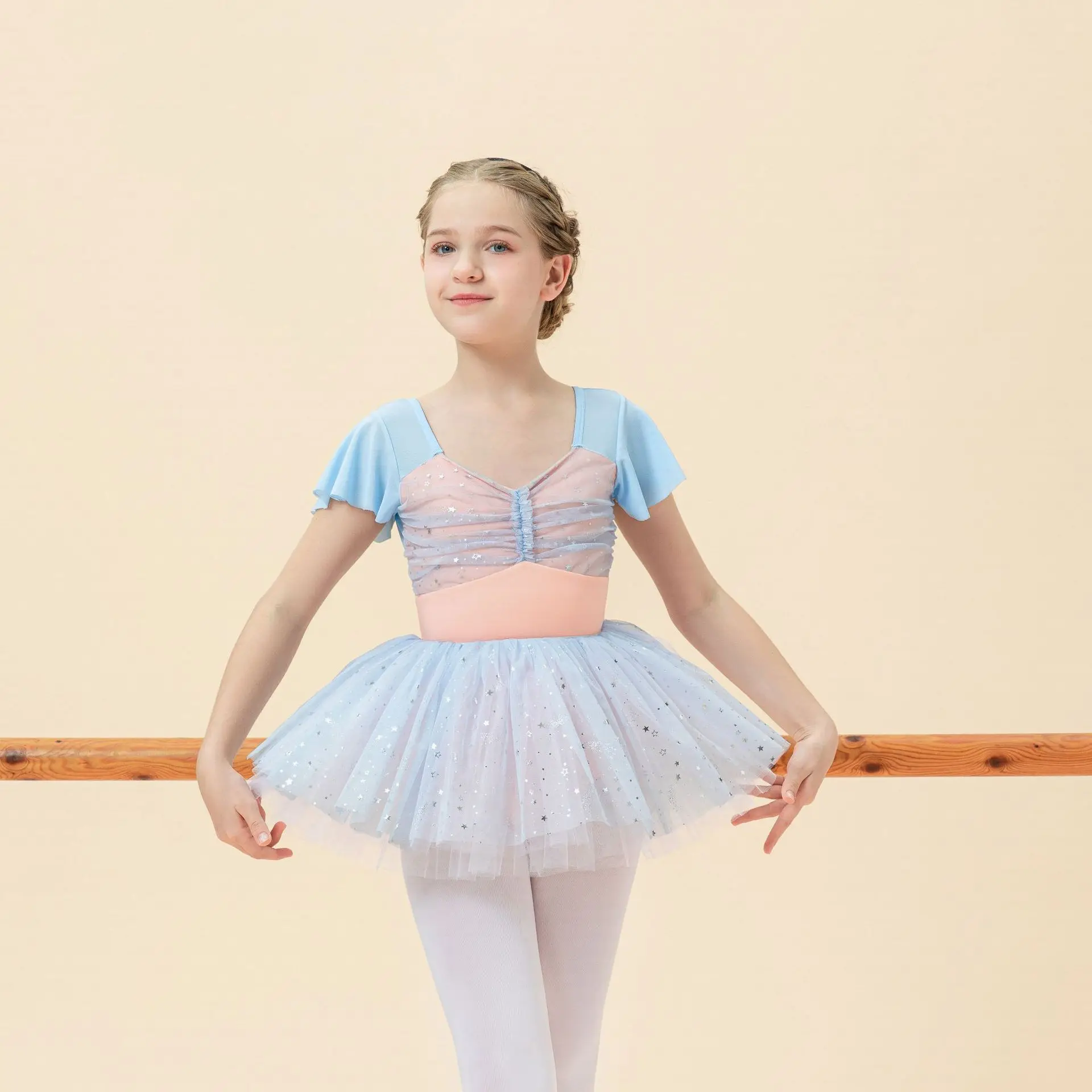 

Детское балетное платье для девочек, розовое гимнастическое трико с коротким рукавом и V-образным вырезом, для тренировок и выступлений