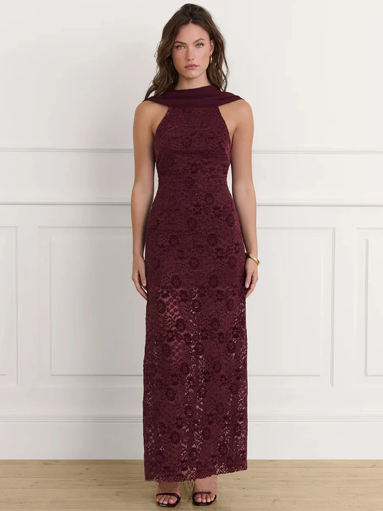 

Mozision Off-shoulder Backless Sexy Maxi Dress Women Wine Red Elegant Lace Sleeveless High Waist Bodycon Club Party Long Dress