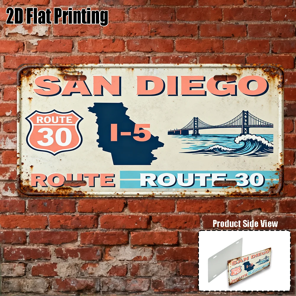 2D Flat, San Diego-Themed Vintage Metal License Plate & Wall Art Sign Heavy-Duty Aluminum Retro California License Plate Frame