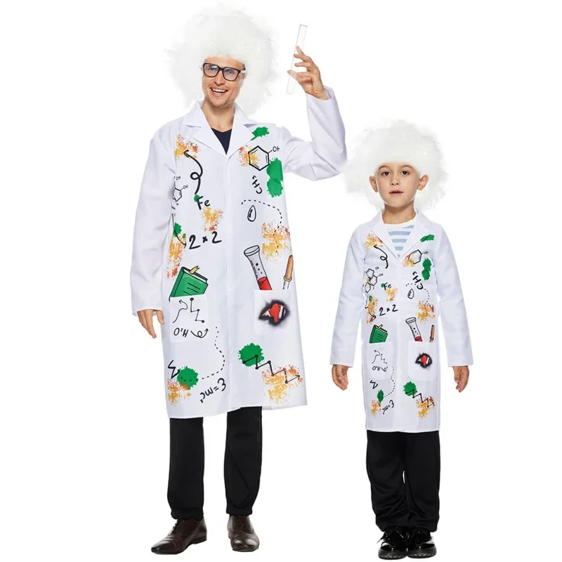 Family Halloween Mad Scientist Costume With Wig White Unisex Lab Uniform Carnival Party Purim Stage Performance Prop MN1