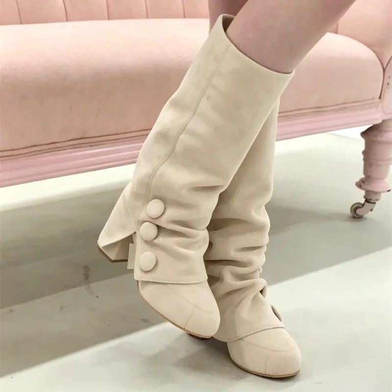 Vintage Style High Boots Women's Fall/Winter 2026 Button Decorated Square Toe Block Heel Shoes