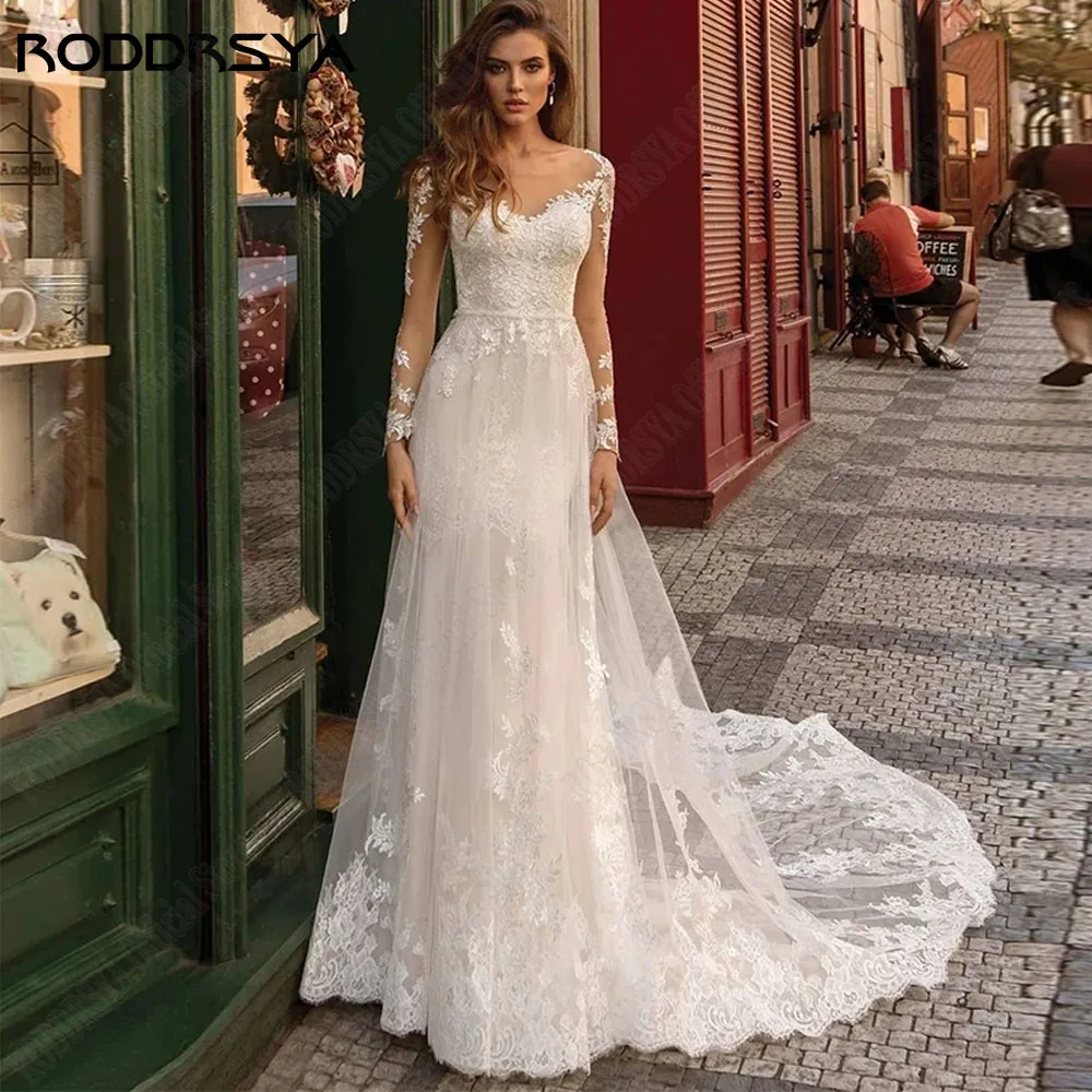 Vestido de novia de cuello redondo de manga larga roddrsya applique Illusion vestido de novia champán RODDRSYA-vestidos de novia de manga larga con cuello redondo, apliques de ilusión, champán claro, línea A, exquisito