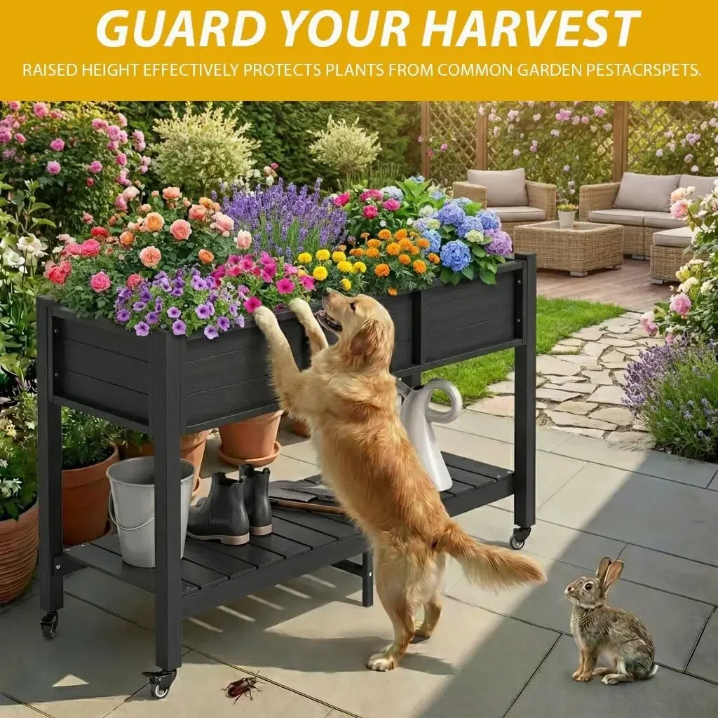 DWVO 47x18x31in Raised Garden Bed Outdoor HDPE with Legs and Lockable Wheels, Weather-Resistant Poly-Wood Elevated Planter Box,