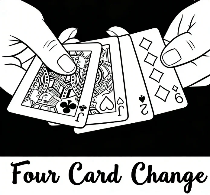 

Волшебный трюк с четырьмя смеными карт — мгновенное преобразование игральных карт крупным планом, уличная иллюзия