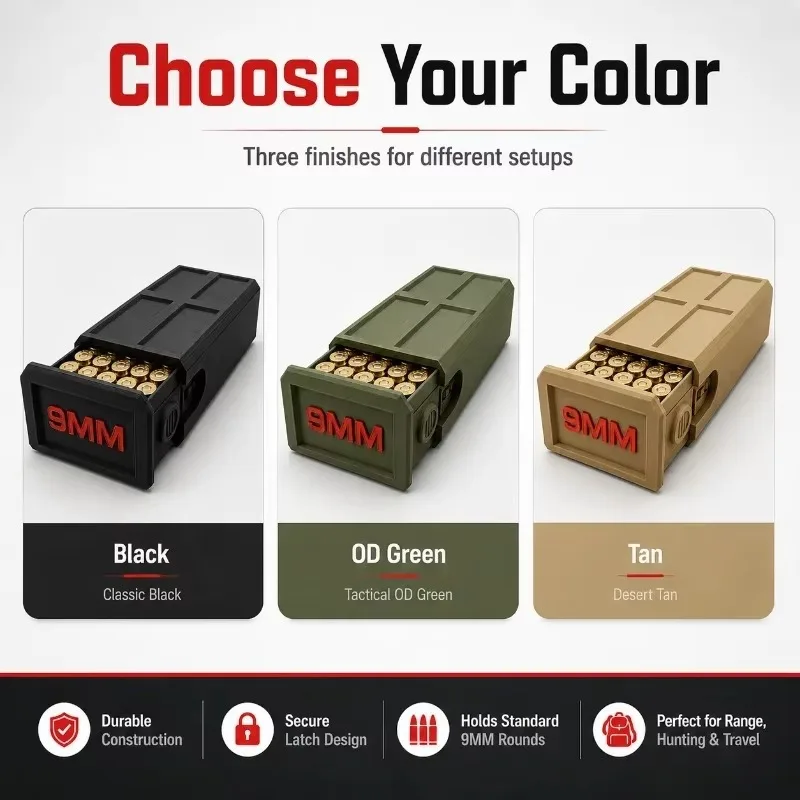 A compact storage case capable of holding 50 9mm rounds—convenient for carrying to the shooting range.