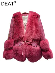 DEAT Women's Faux Fur Coat Lace-up Solid Color Thick Luxury Sequins Spliced Eco-friendly Fur Jacket 2024 Winter New Fashion