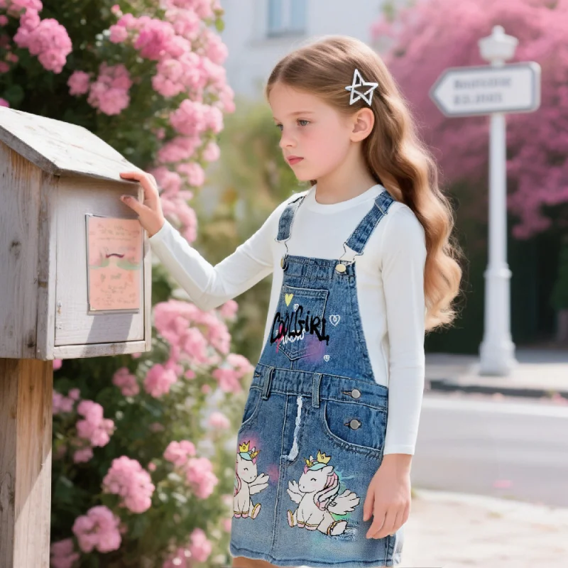 meninas-moda-unicornio-impressao-digital-imitacao-jeans-falso-vestido-de-duas-pecas