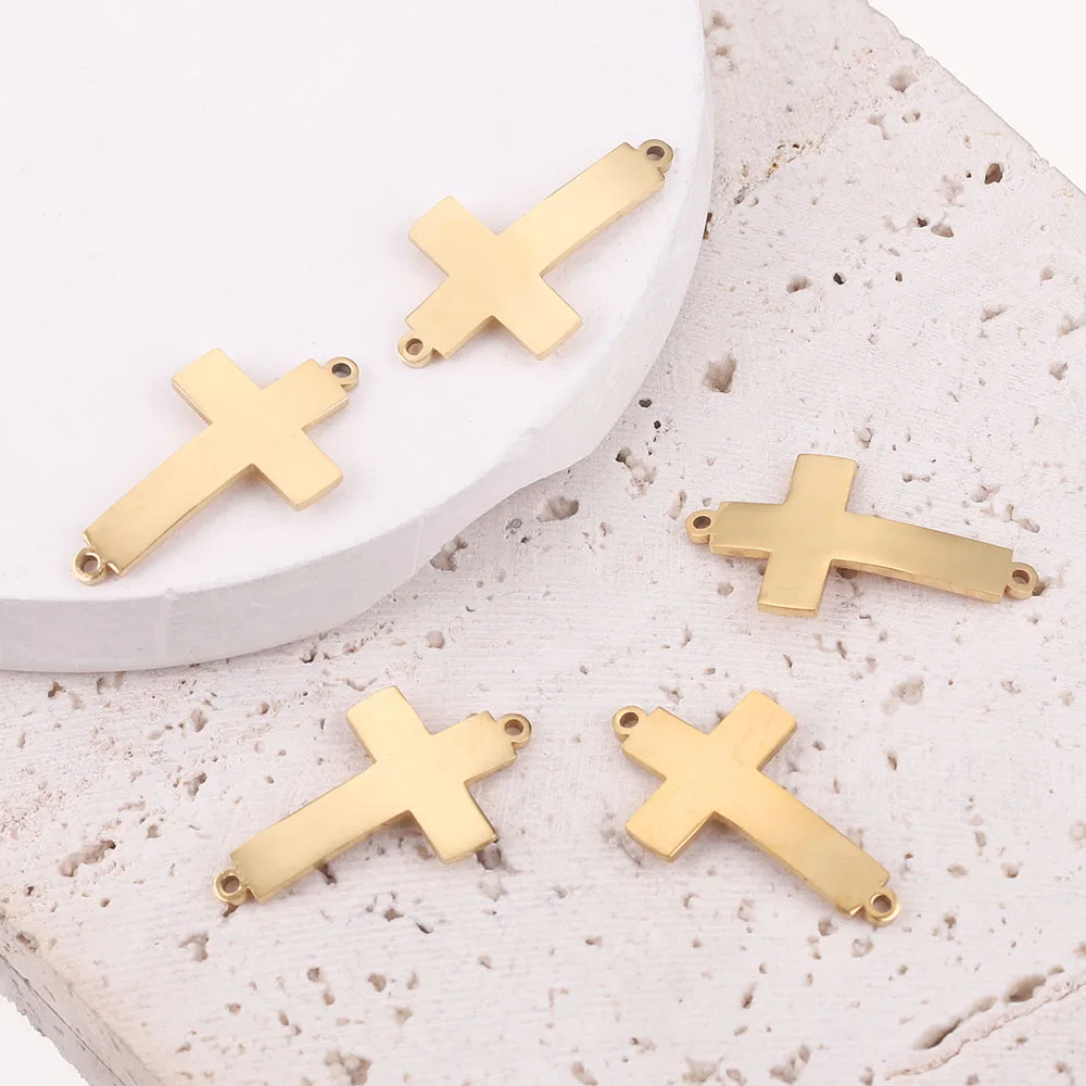 5pcs Gold-Plate Stainless Steel Bending Cross Charm Connector Double Hole Jewelry Making Supplies Jewelry Findings Pendants