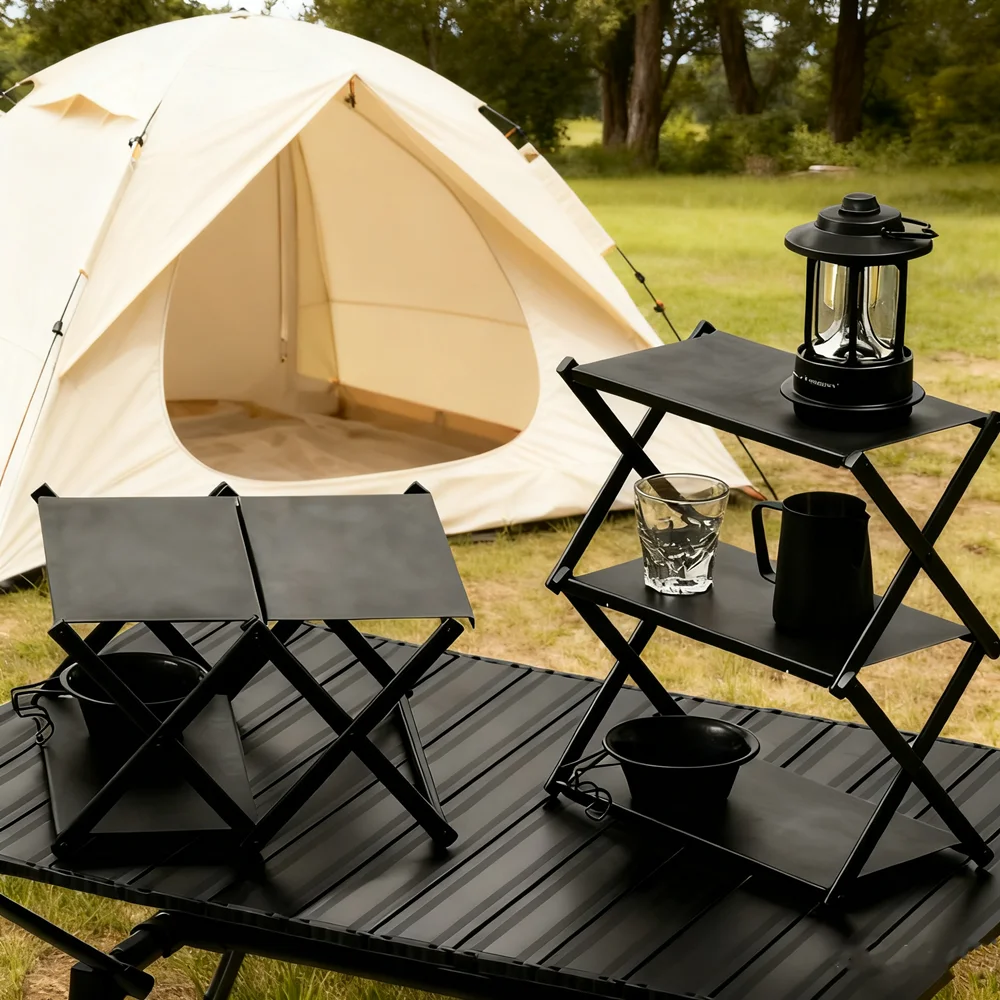 ثلاثة طبقات رف في الهواء الطلق للطي تخزين الرف المحمولة سطح المكتب المنظم رفوف نزهة شواء تخزين الرف الجدول #2