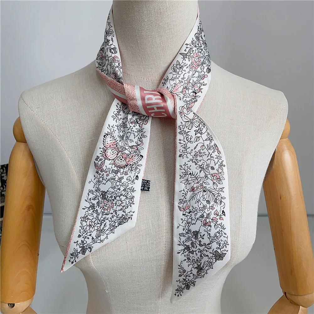 New Double sided Twill Silk skinny twill scarf 2024 brand design Women small size bags ribbon tie hair neck scarves 100*6cm