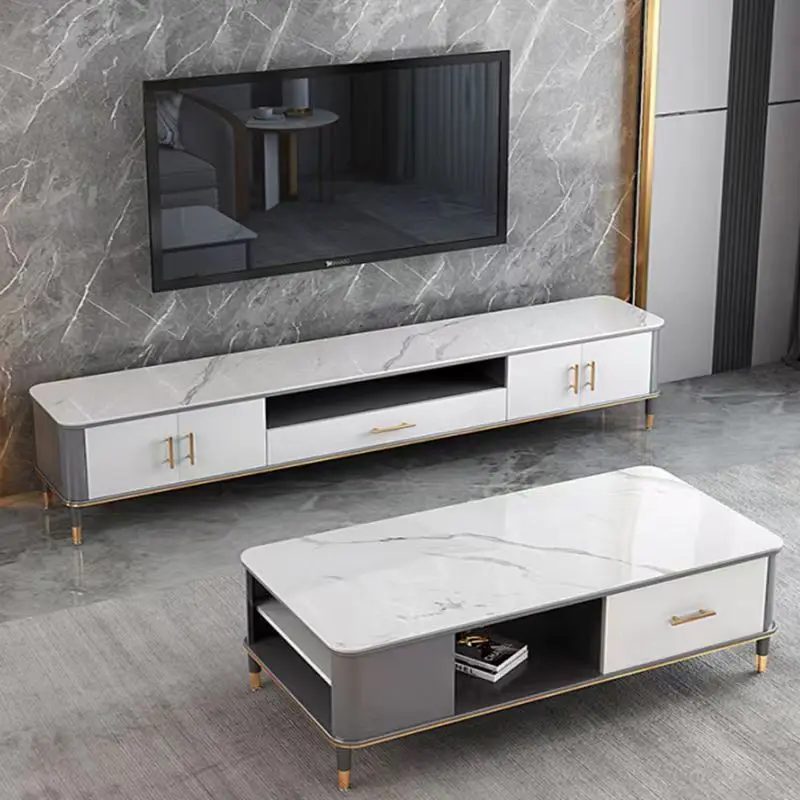 New TV cabinet rounded corner high-end coffee table combination light luxury living room small apartment tempered glass TV