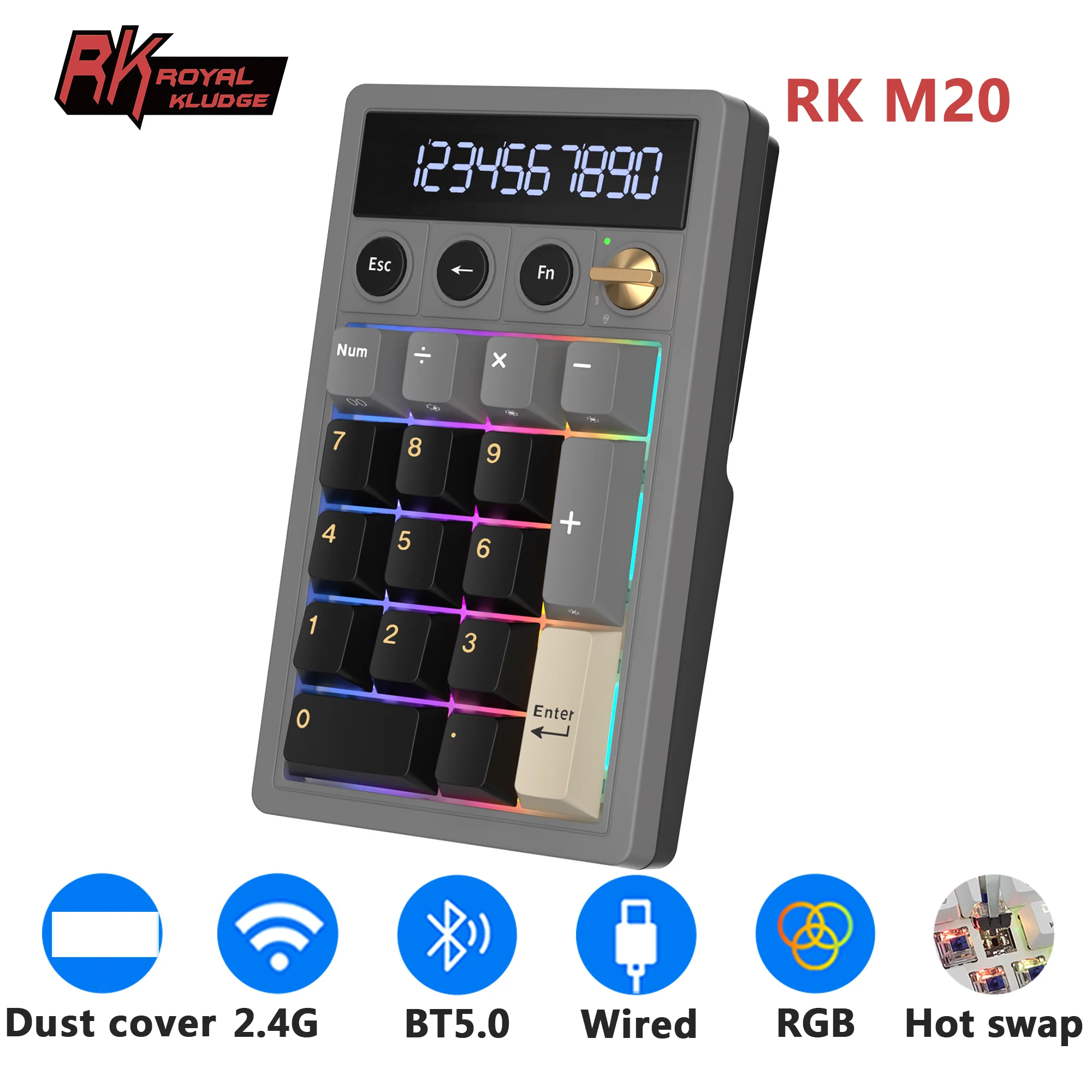 

Беспроводная клавиатура-нумберпад RK ROYAL KLUDGE M20 2.4G, трехрежимная, 17 клавиш, RGB, с возможностью горячей замены, крепление Gasket, с поворотным регулятором, калькулятор, PBT-клавиши