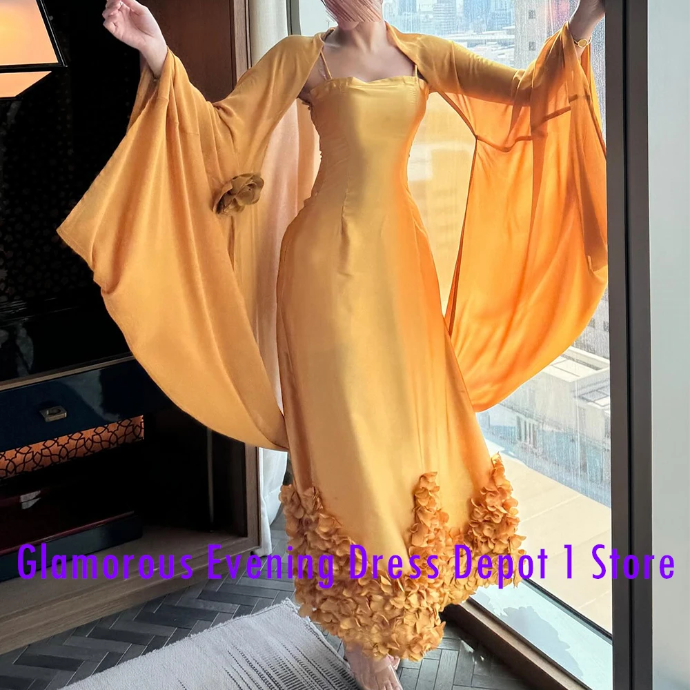 Elegant Flowers Spaghetti Straps Satin Evening Dress Modern Straight Floor Length Square Neck Long Sleeves Vestidos De Fiesta