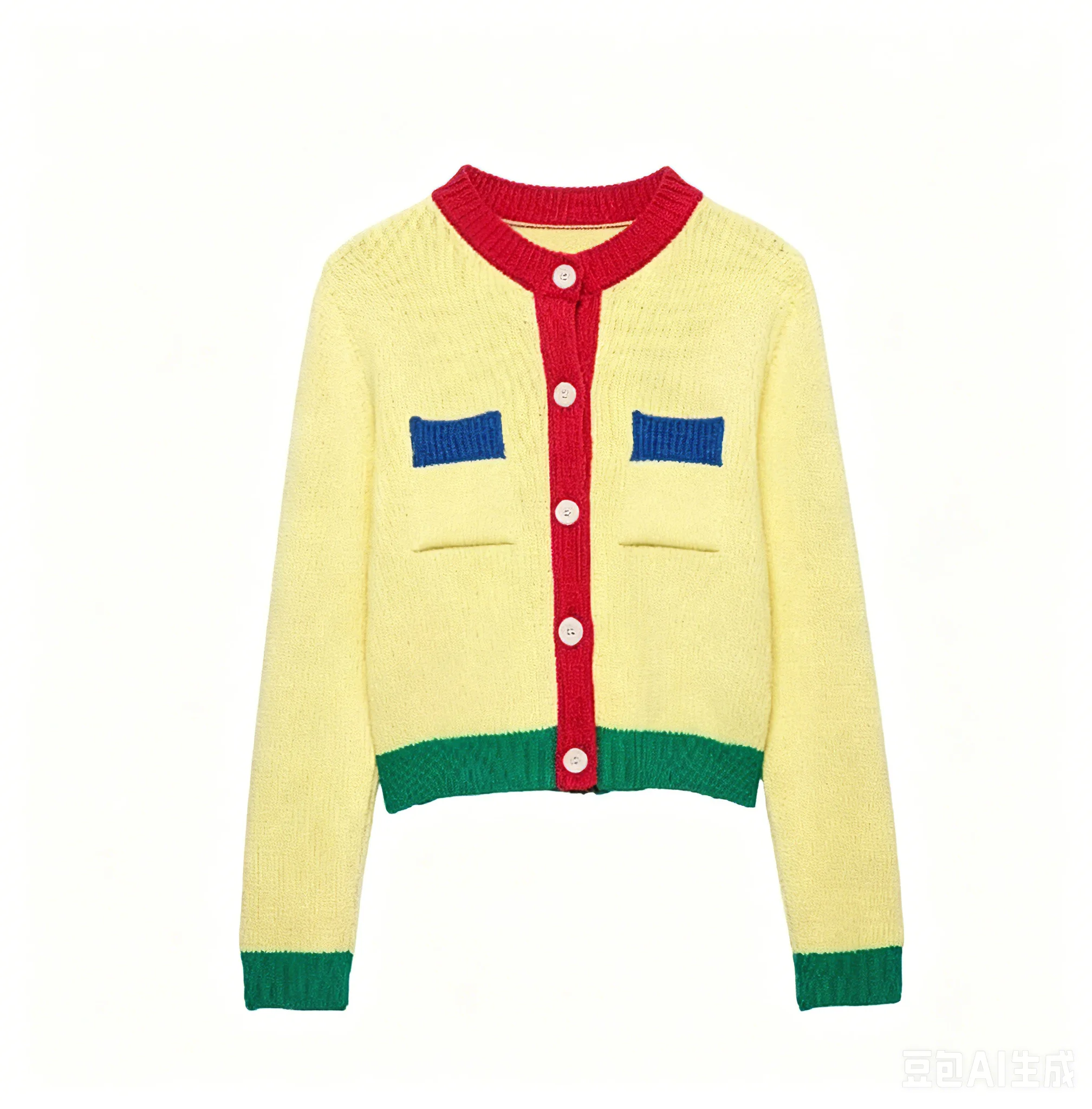 

Color Block Contrast Knit Cardigan Round Neck Yellow Base Red Placket Green Cuff Hem Blue Pocket Cropped Women Sweater Outerwear
