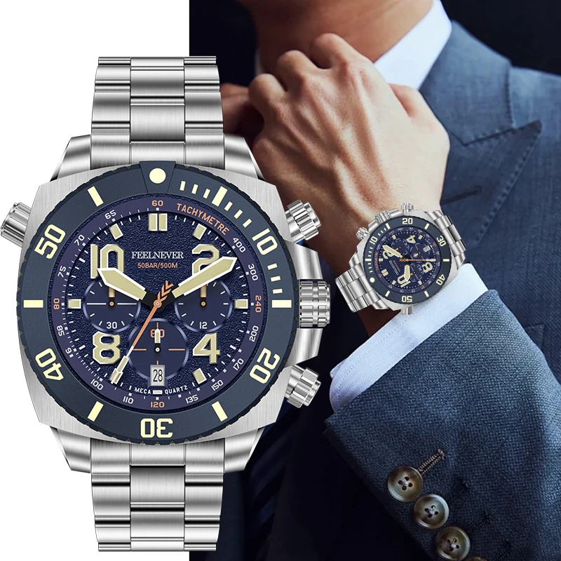 

FeelNever Luxury Quartz Man Watch Fashion Casual Auto Date 316L Stainless Steel Waterproof Luminous Watches Male SEIKO-VK63 Gift