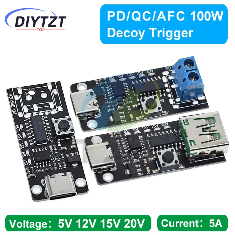DIYTZT 100W 5A USB-C Fast Charge Trigger Board Module PD/QC Decoy Board Fast Charge USB Type-c PD 2.0 3.0 Boost Power Module