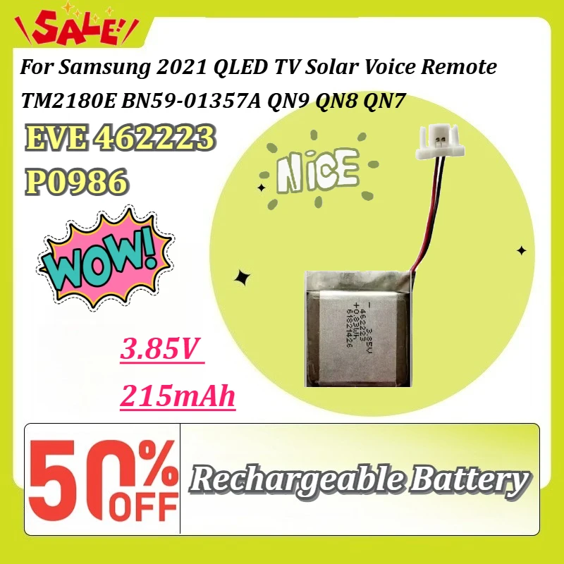 EVE 462223 P0986 3.85V 215mAh Rechargeable Battery For Samsung 2021 QLED TV Solar Voice Remote TM2180E BN59-01357A QN9 QN8 QN7