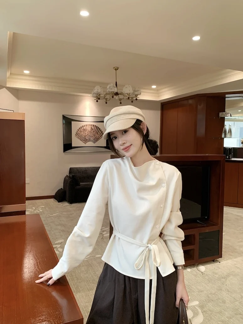 

Элегантная женская рубашка с длинным рукавом и поясом, абрикосового цвета, весенняя, премиум-класса, приталенная, асимметричная, в корейском стиле, для офиса и повседневной носки