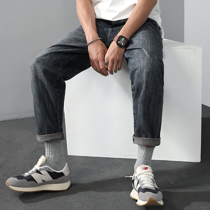 High quality long baggy jeans for men plus size stone wash cotton denim vintage casual trousers new 2024 clothing - blue