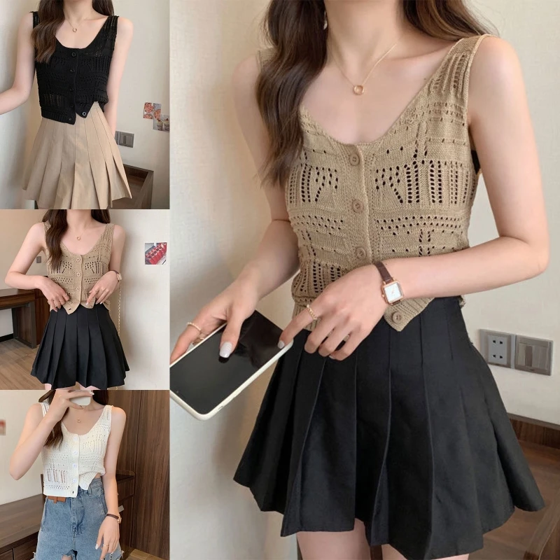 652F Women Crop Top Sweater for Tank Top Button Up Sleeveless Knit Tops Casual Beach