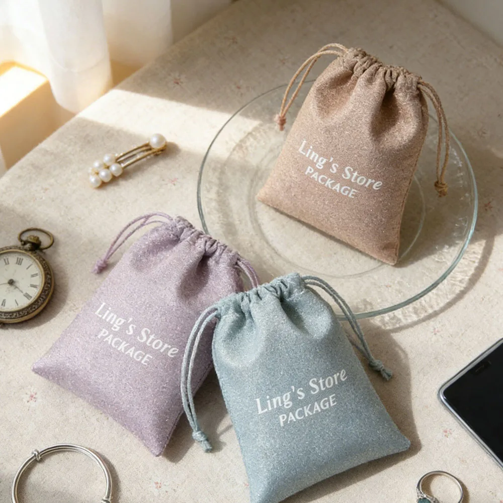 

100Pcs Personalized Logo Sequins Jewelry Drawstring Bag Chic Colorful Shiny Gift Packaging Mini Pouch Can Print Custom Name Text