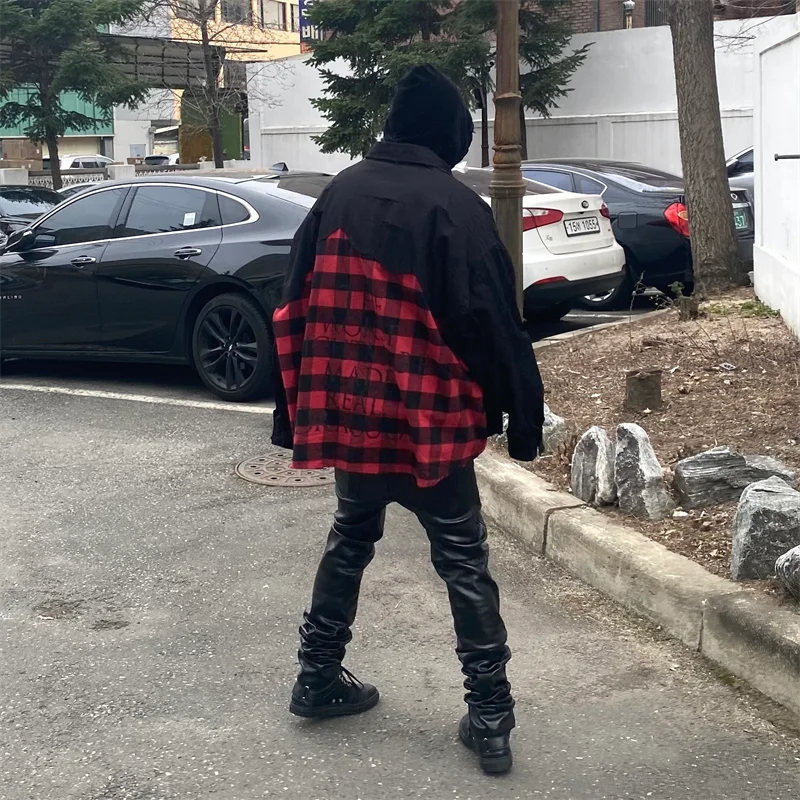 Worn Patchwork Black Red Plaid Shirt Men Women 1:1 High Quality Vintage Flannel Casual Shirts