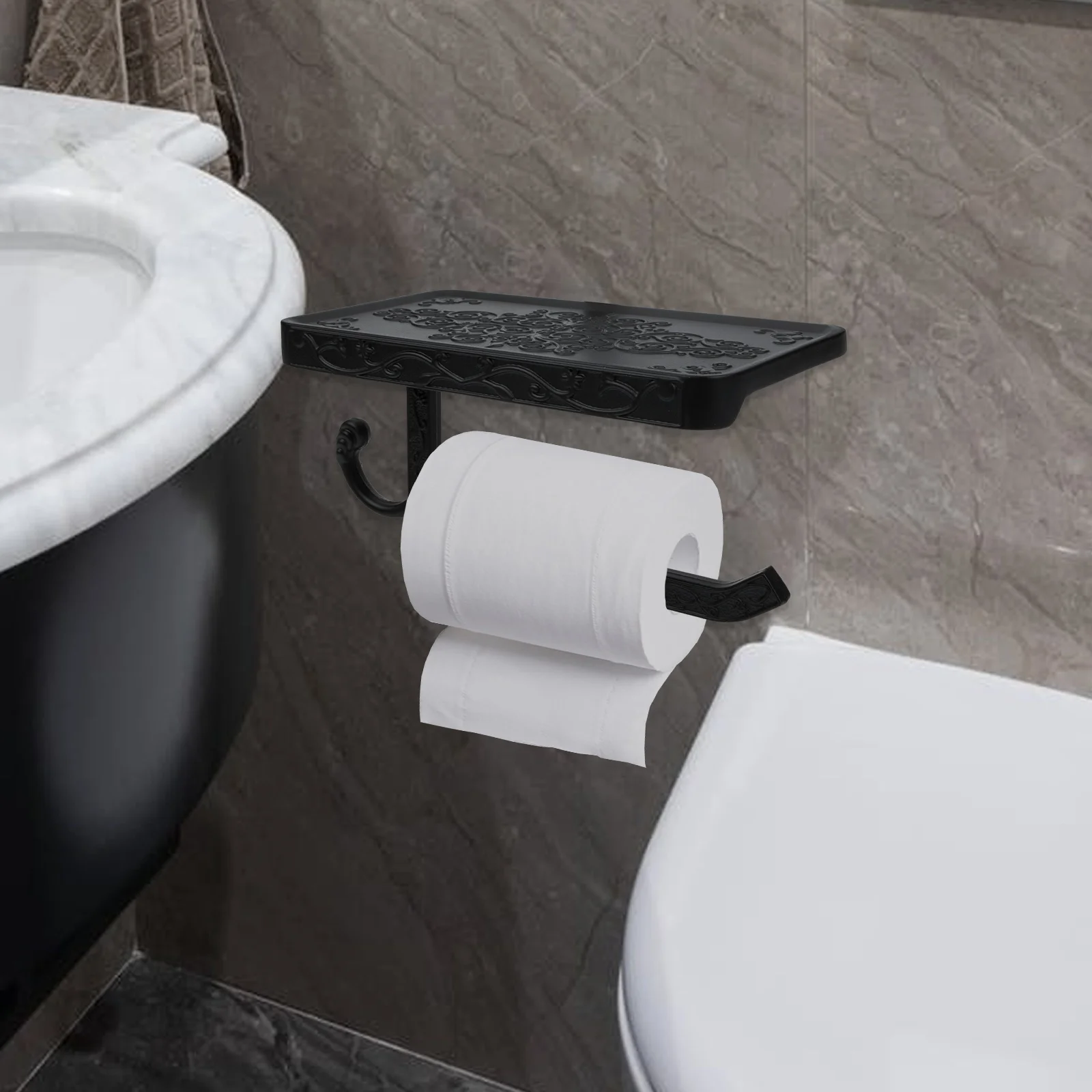 

Farmhouse Style Black Toilet Paper Holder Wall-Mounted Standing Storage Rack Rust-Resistant Durable Simple Installation Bathroom