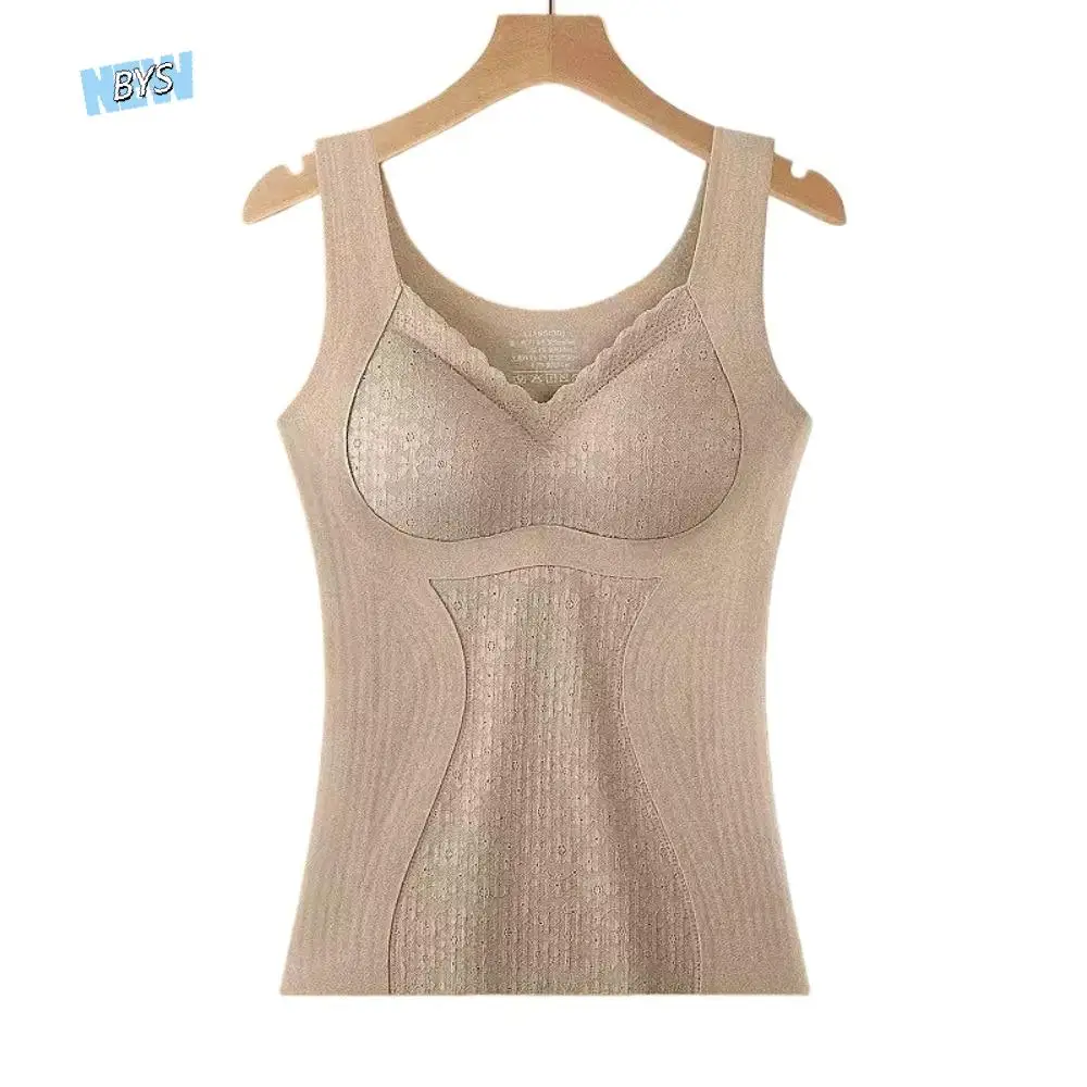 

Lace Cashmere Thermal Underwear Slimming with Padded Cups Wool Thermal Shapewear Camisole Tummy Control Sleeveless