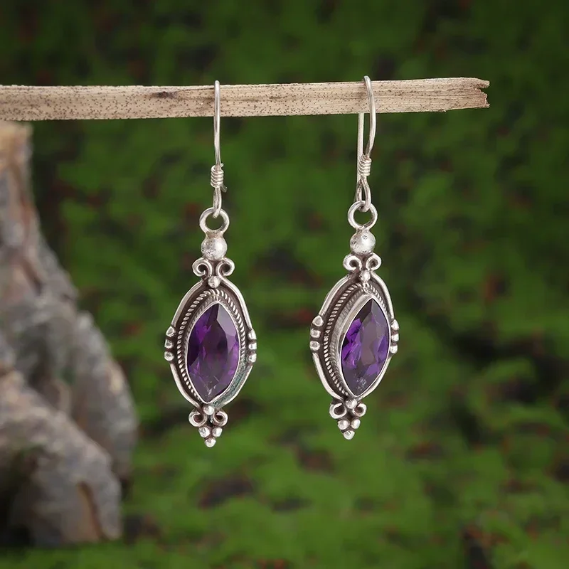 Women's Fashion Jewelry Accessories Gifts Palace Style Retro Drop-Shaped Purple Gemstone Hypoallergenic Earrings