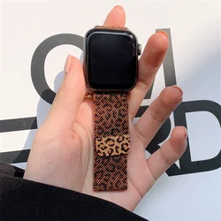 Stylish Brown Leopard Print Magnetic Watch Strap For iwatch series 9 8 7 6 5 Women Metal Band For Apple Watch 41mm 40mm 44 45 49