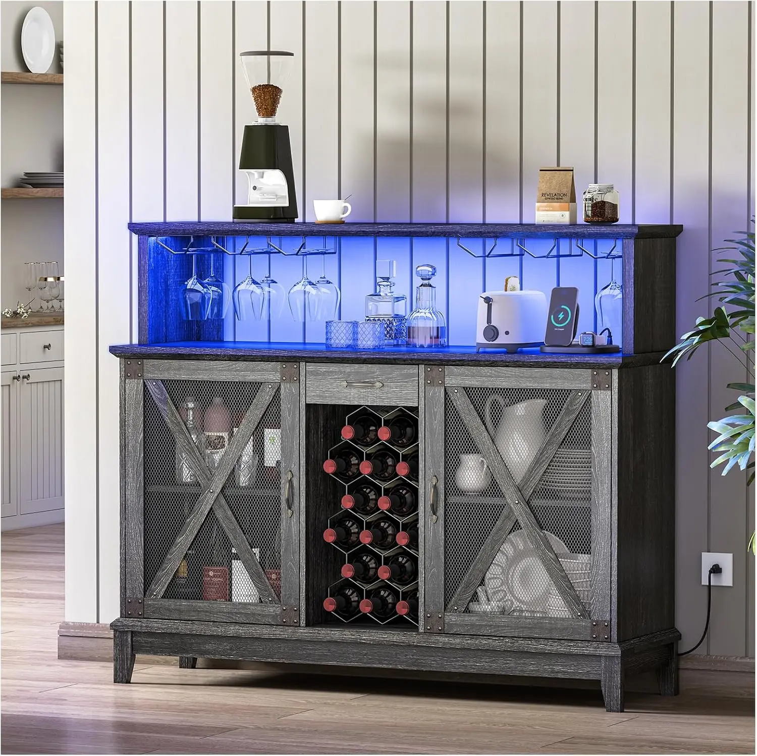 

Farmhouse Wine Bar Cabinet with LED Lights,Coffee Bar Cabinet with Wine Rack & Glass Holder,