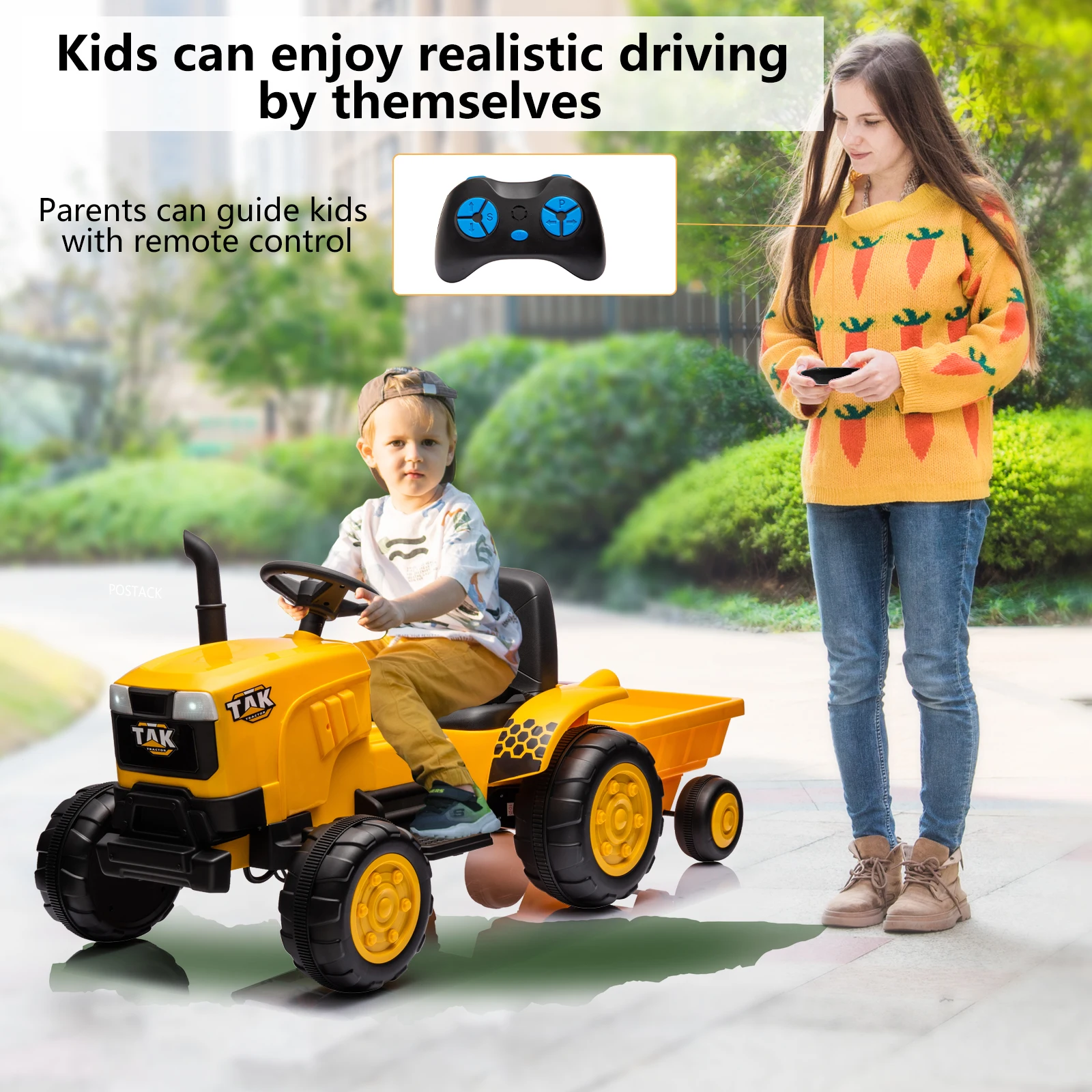 12V Kids Ride on Tractor Electric Excavator Battery Powered Motorized Car for Kids Ages 3-6,Detachable Trailer,Remote Control