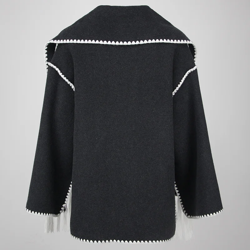 MENHR BONITA-Veste d'hiver en fourrure de renard argenté véritable pour femme, manteau en cachemire avec pompon, col écharpe, mélanges de laine, nouveau