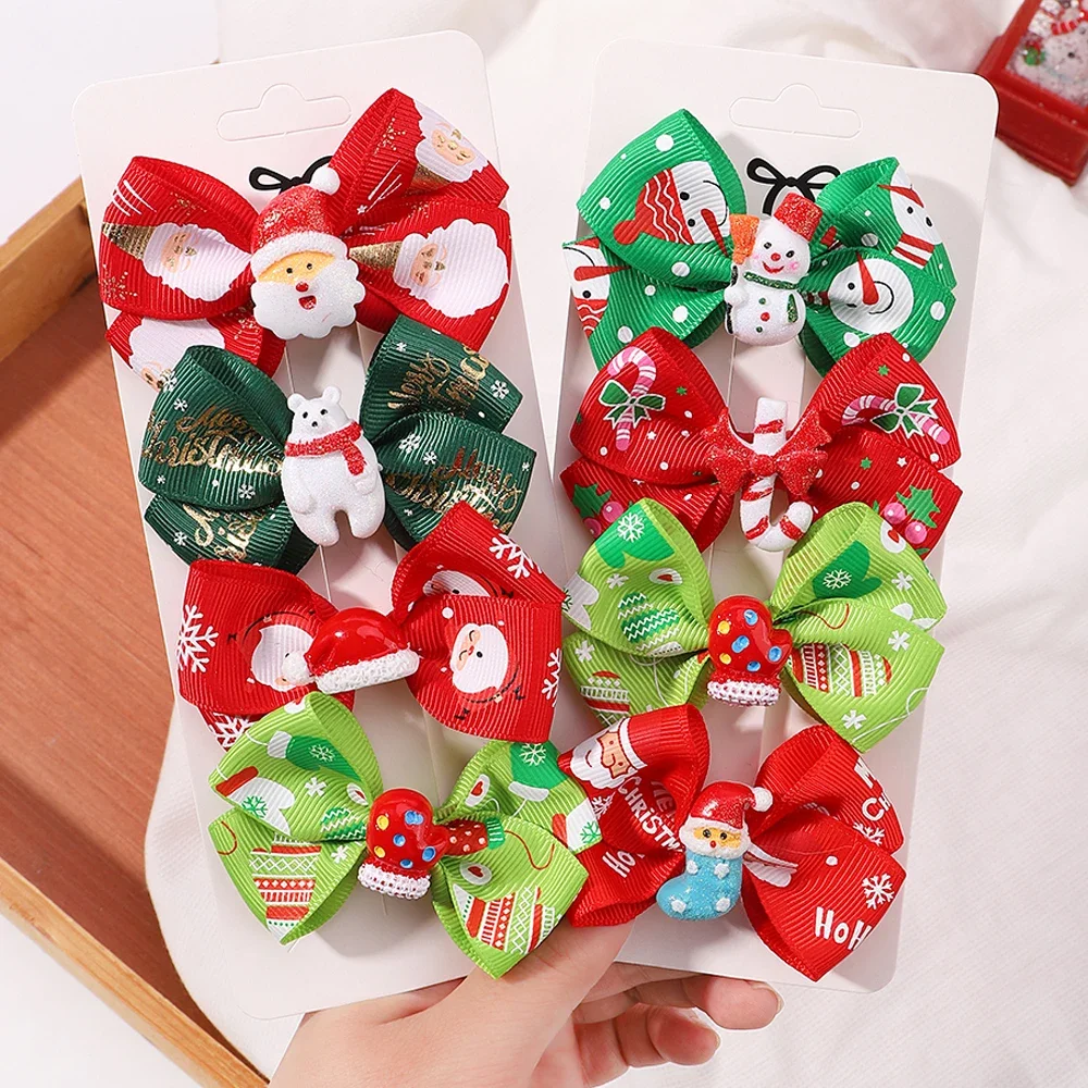 4Pcs/set Christmas Hairpin Set Cartoon Santa Claus Bowknot Hairclip for Children Party Cheer Headwear Baby Hair Accessories