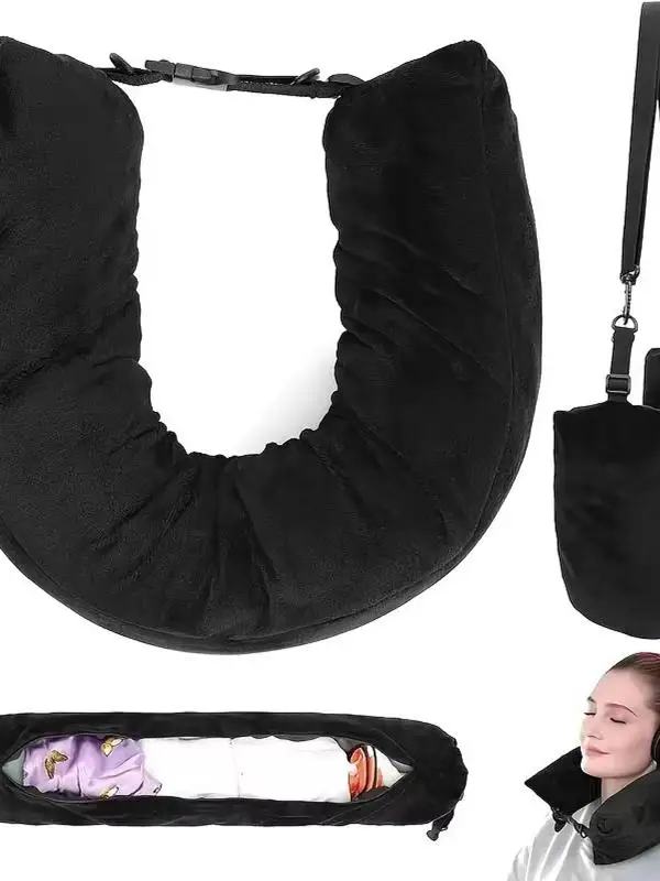 Portable Travel Pillow Multi-Functional U-Shaped Clothing Filled Luggage Storage Pillow Airplane Headrest Comfortable Support