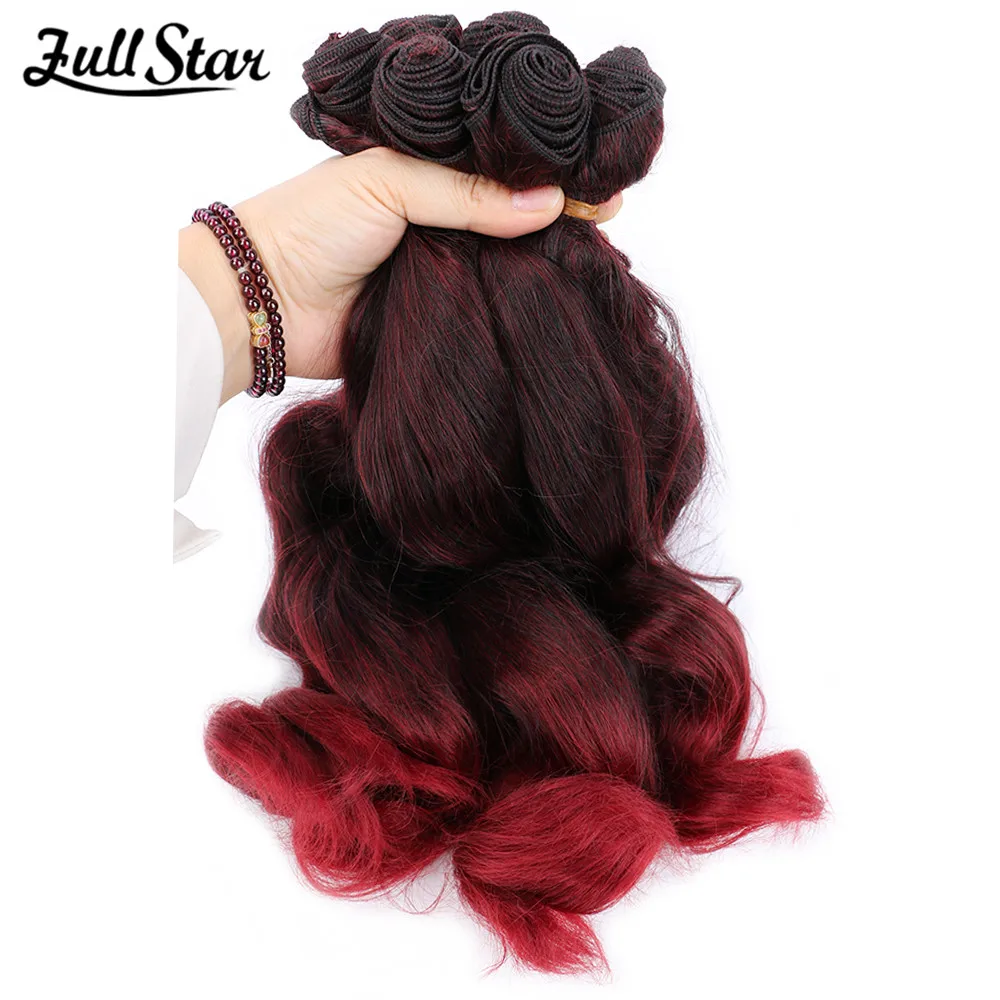 Full Star 18“Ombre Wavy Hair Loose Wave Hair Weft Synthetic Hair 6Ps/Lot Bundles Black Ombre Burgundy Color Wavy Hair Extensions