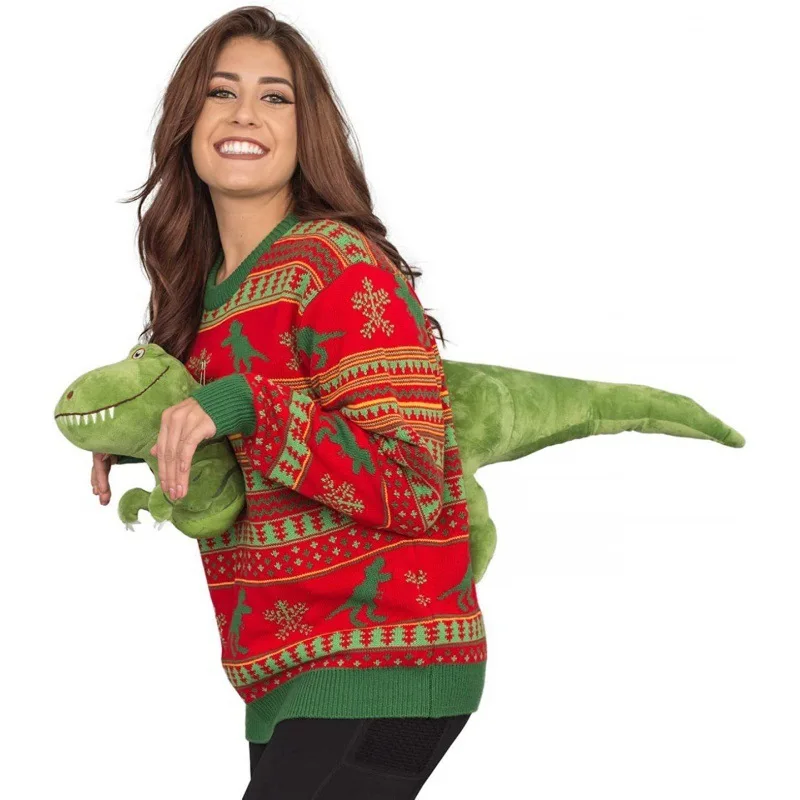 New Christmas Knitted Sweater Unisex 3D Dinosaur Ugly Cartoon Costume Role Playing Party Holiday Jumper Top Funny Cool Gift