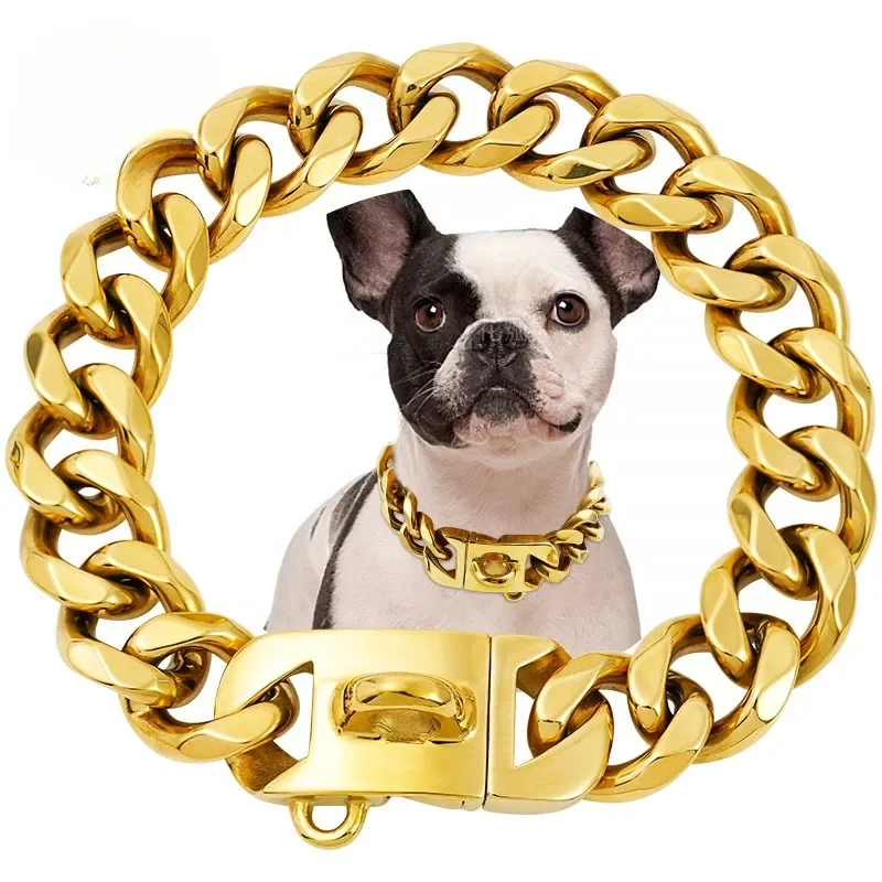 

23MM Gold Chain Dog Collar Luxurious Sliver Gold Cuban Link Dog Collar with Secure Snap Buckle for Medium and Large Pit Bulls