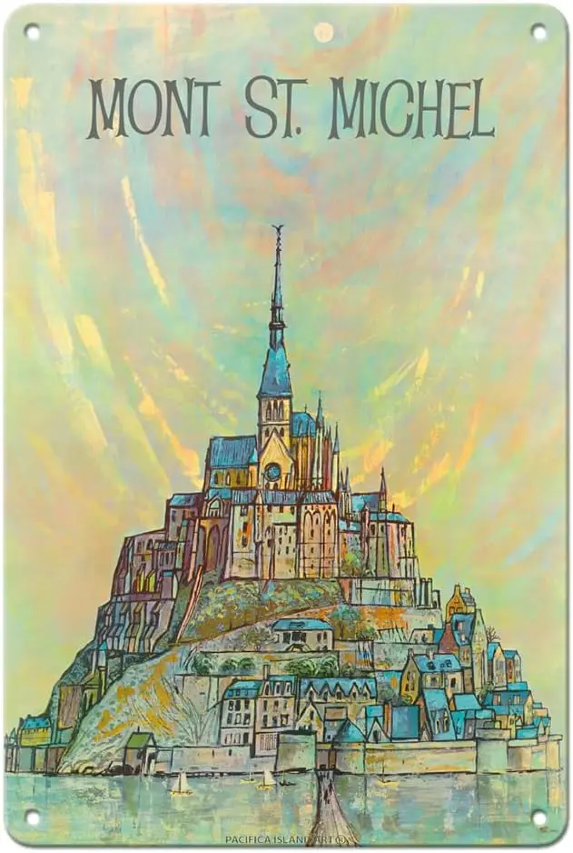 Mont St. Michel Island - Normandy France - Vintage Travel Poster by Earl Thollander c.1950s - 8 x 12 inch Vintage Metal Tin Sign