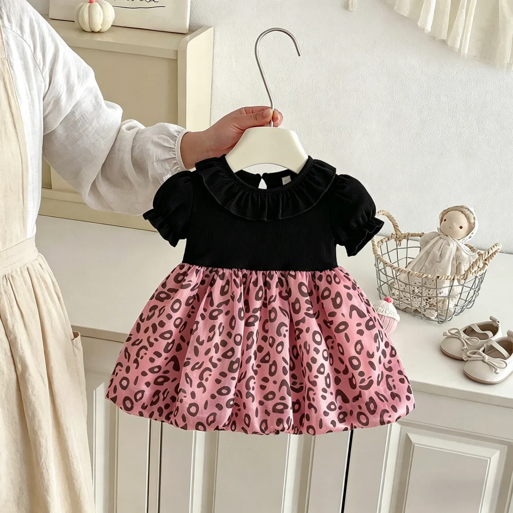 Girl's Dress Summer Cute Leopard Print Short Sleeved Baby Girl's Dress Cute Princess Lace Baby Dress Baby Girl Clothing ﻿