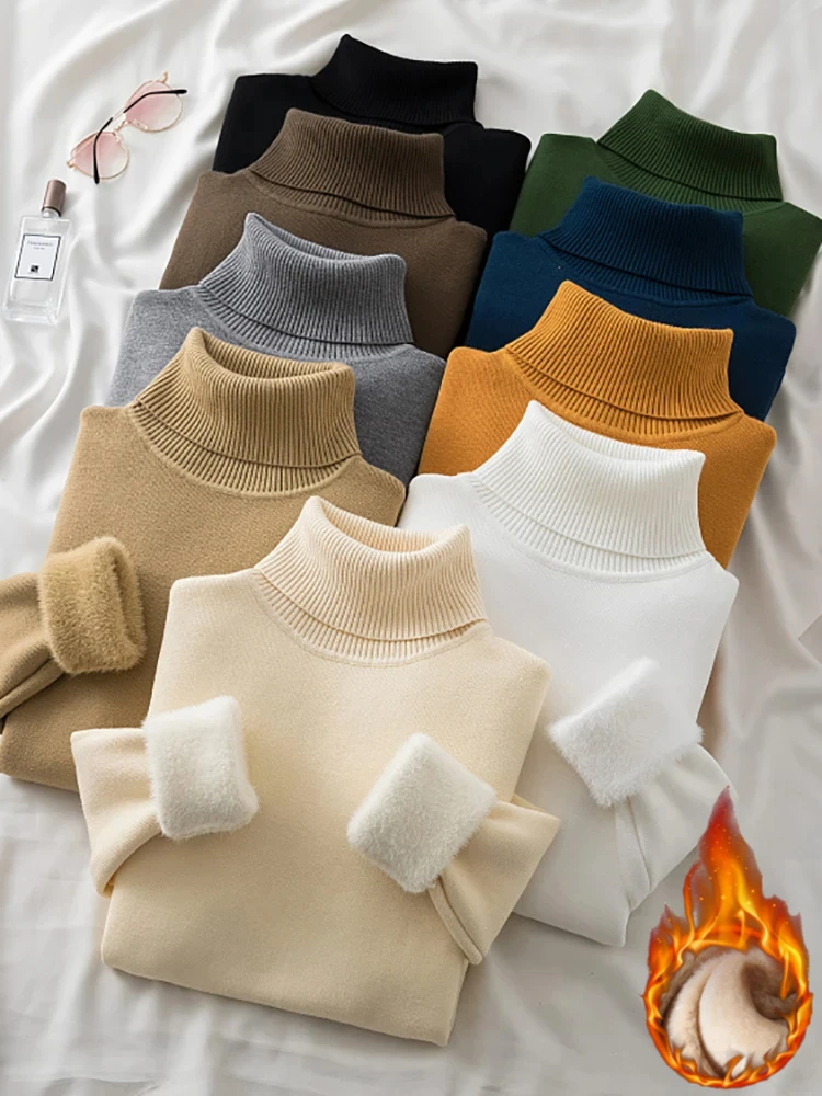 

Thick Turtleneck Winter Sweater Casual Knitted Pullovers Fashion Clothes Simple Fleece Lined Warm Knitwear Woman Korea Base Top